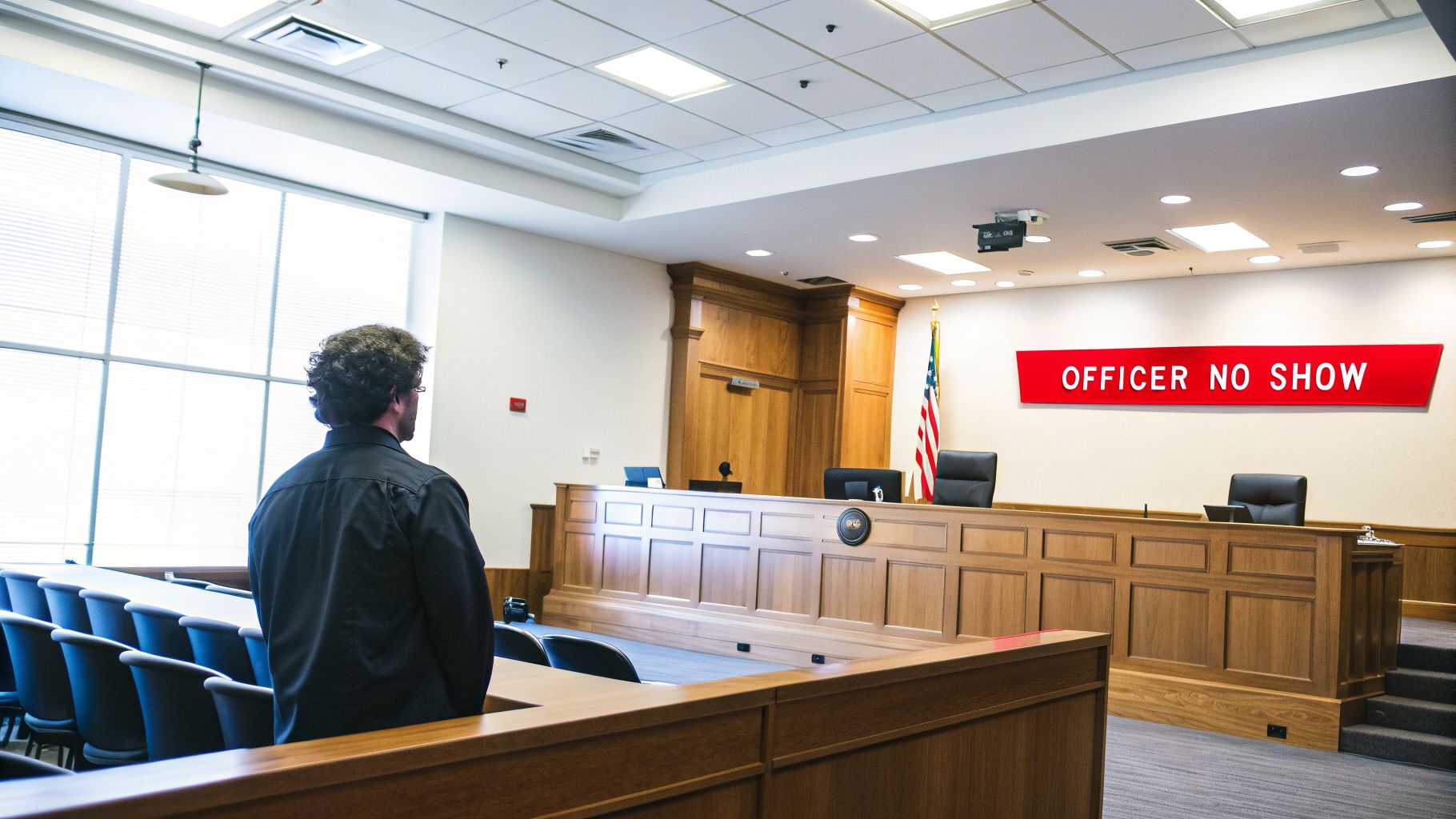 Rear view of a man in a courtroom with an 'OFFICER NO SHOW' sign on the wall.