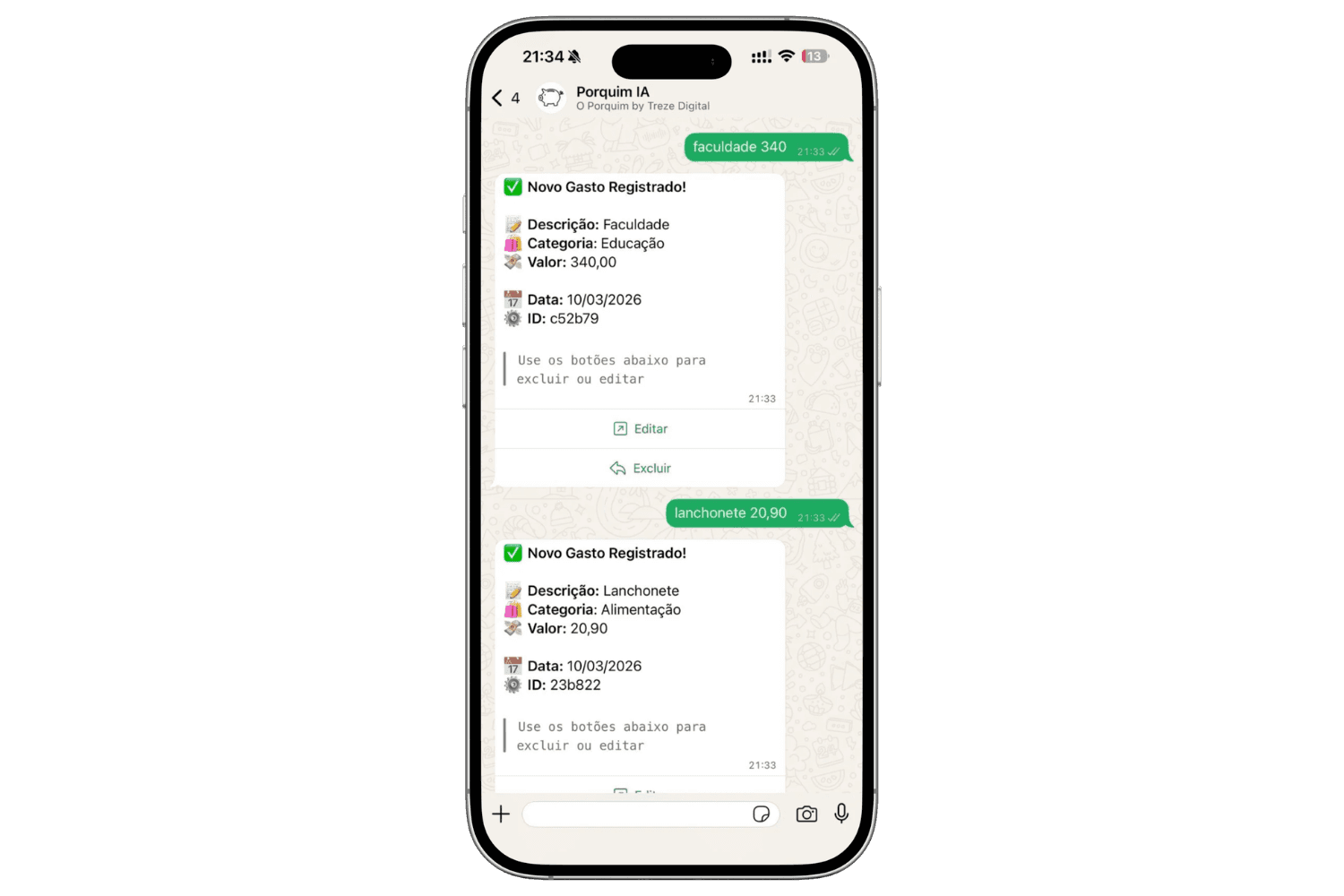 Um celular utilizando o contato inteligente Porquim IA