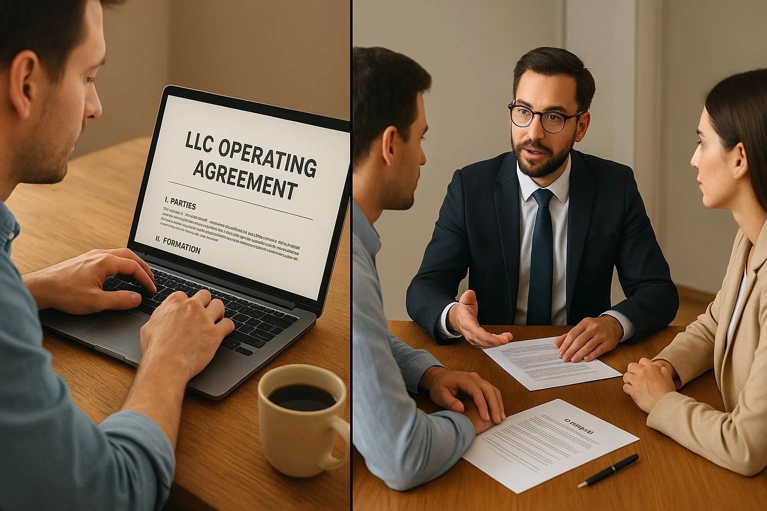 Split scene showing a business owner typing on a laptop with a DIY template on one side, and a lawyer advising two partners with documents on the other.