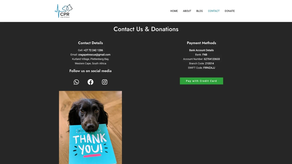 Screenshot of cragspetrescue.org.za - contact page