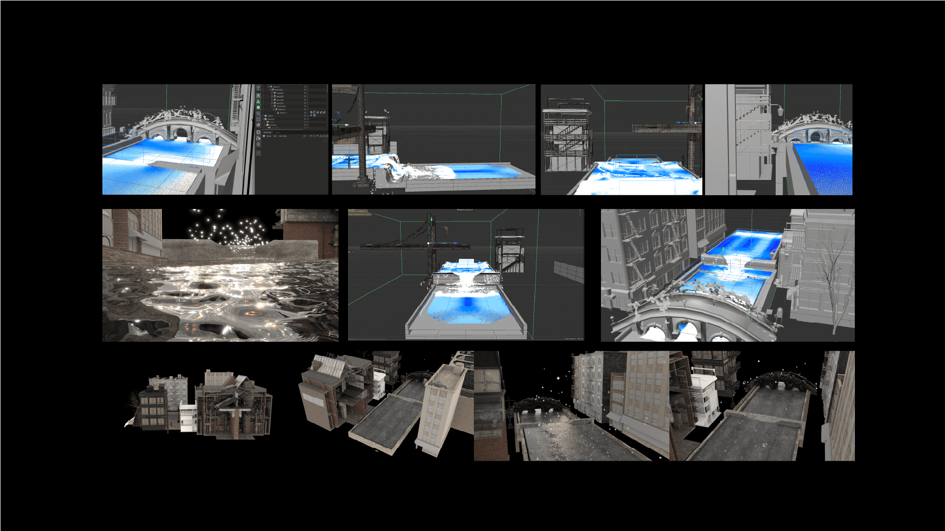 development shots  showing the water simulation and the scene of buildings 