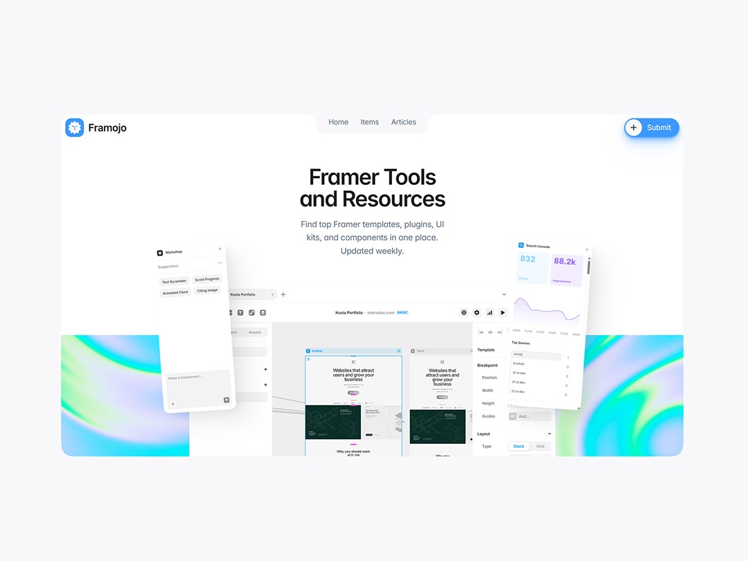 Framojo website showcasing Framer templates and resources with floating UI elements.