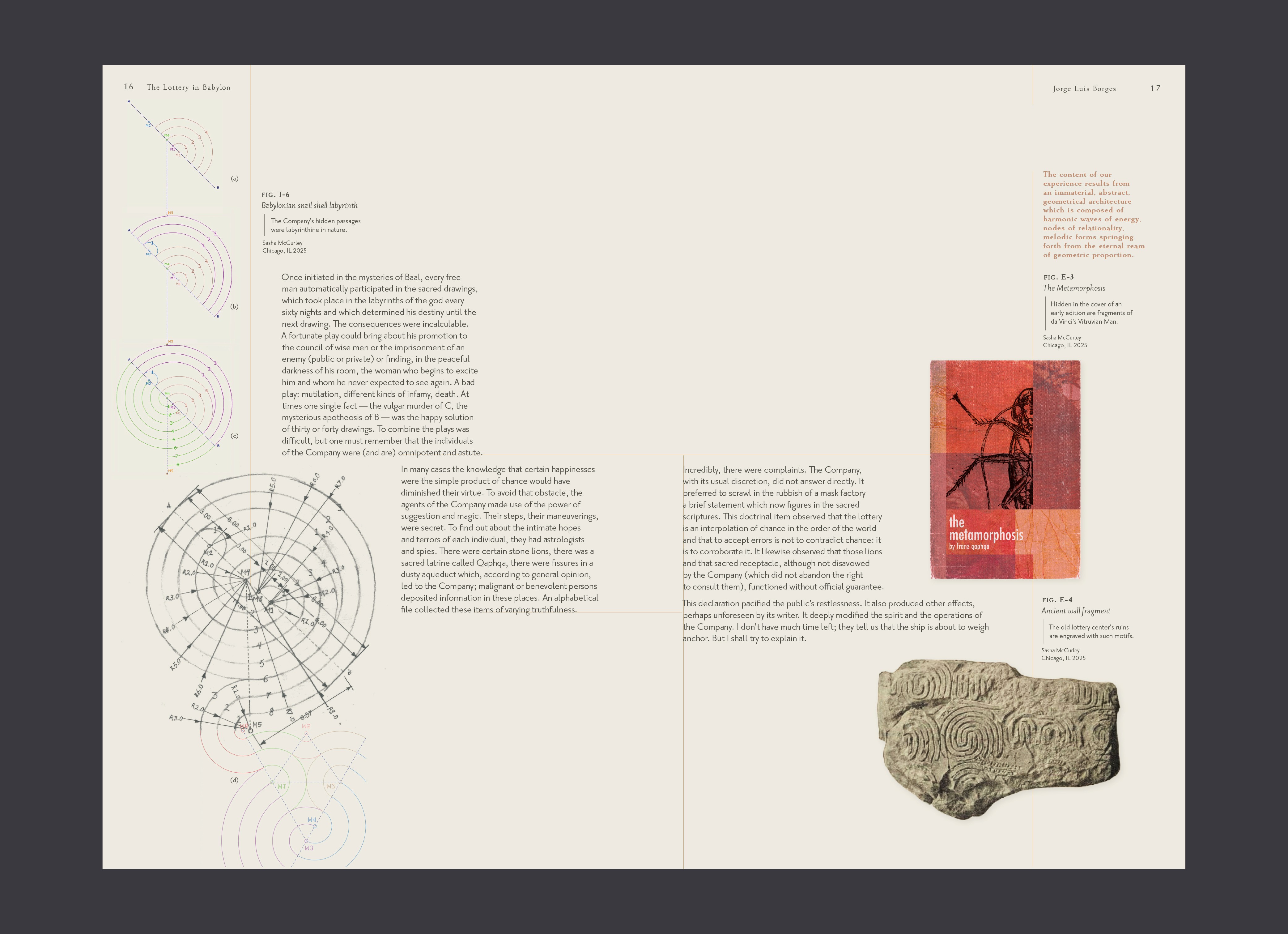 Spread excerpt, showcasing original geometric sketches and a book cover combining the Vitruvian Man with a cockroach.