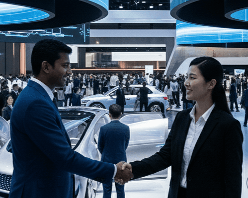 Close-up of Habsy scanning business cards during high-volume networking sessions at Auto Show Expo 2026, turning handshakes into enriched CRM-ready contacts.