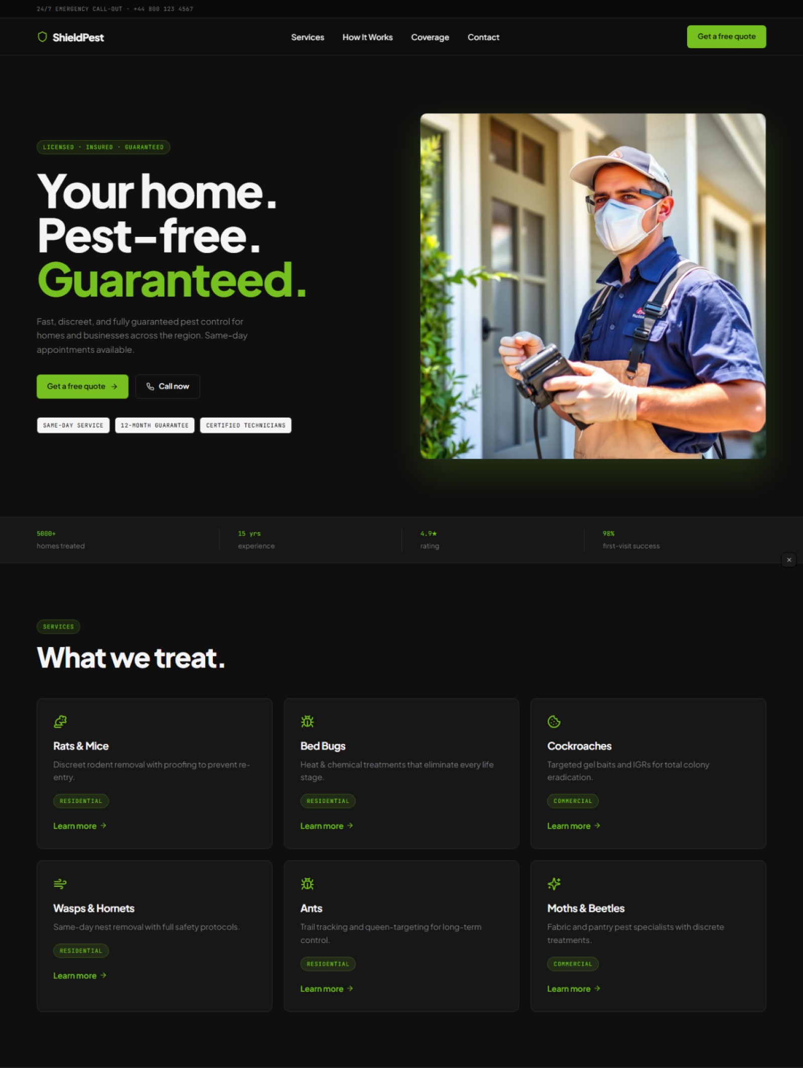 Pest control website prompt — near-black and lime green modern pest control services website design preview