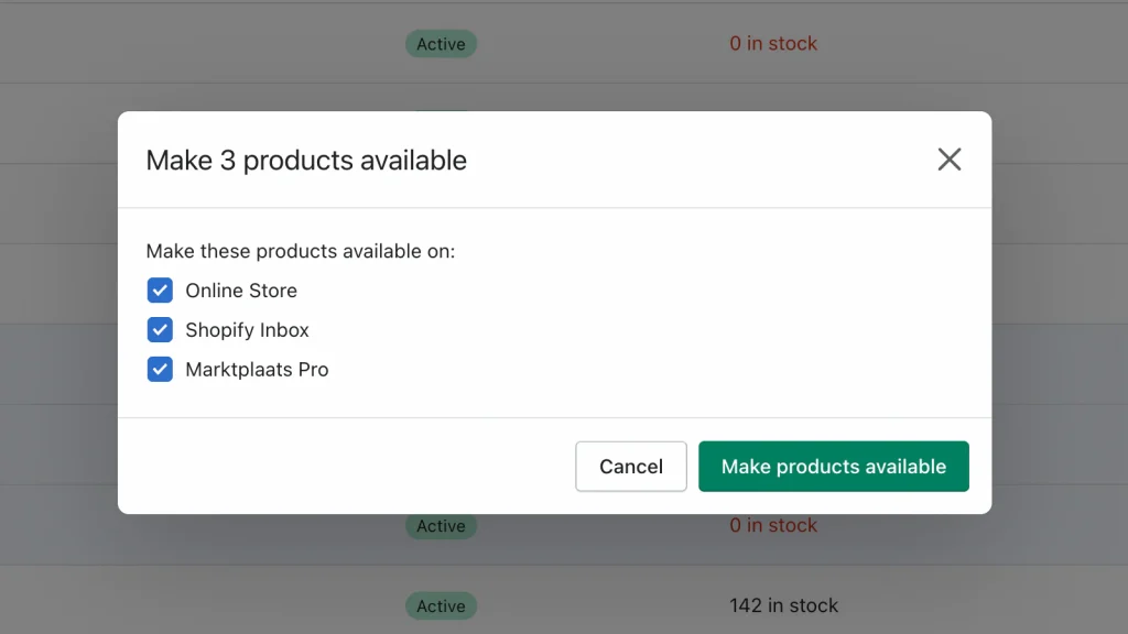 Venster in de Shopify-admin om producten beschikbaar te maken in Online Store, Shopify Inbox en Marktplaats Pro