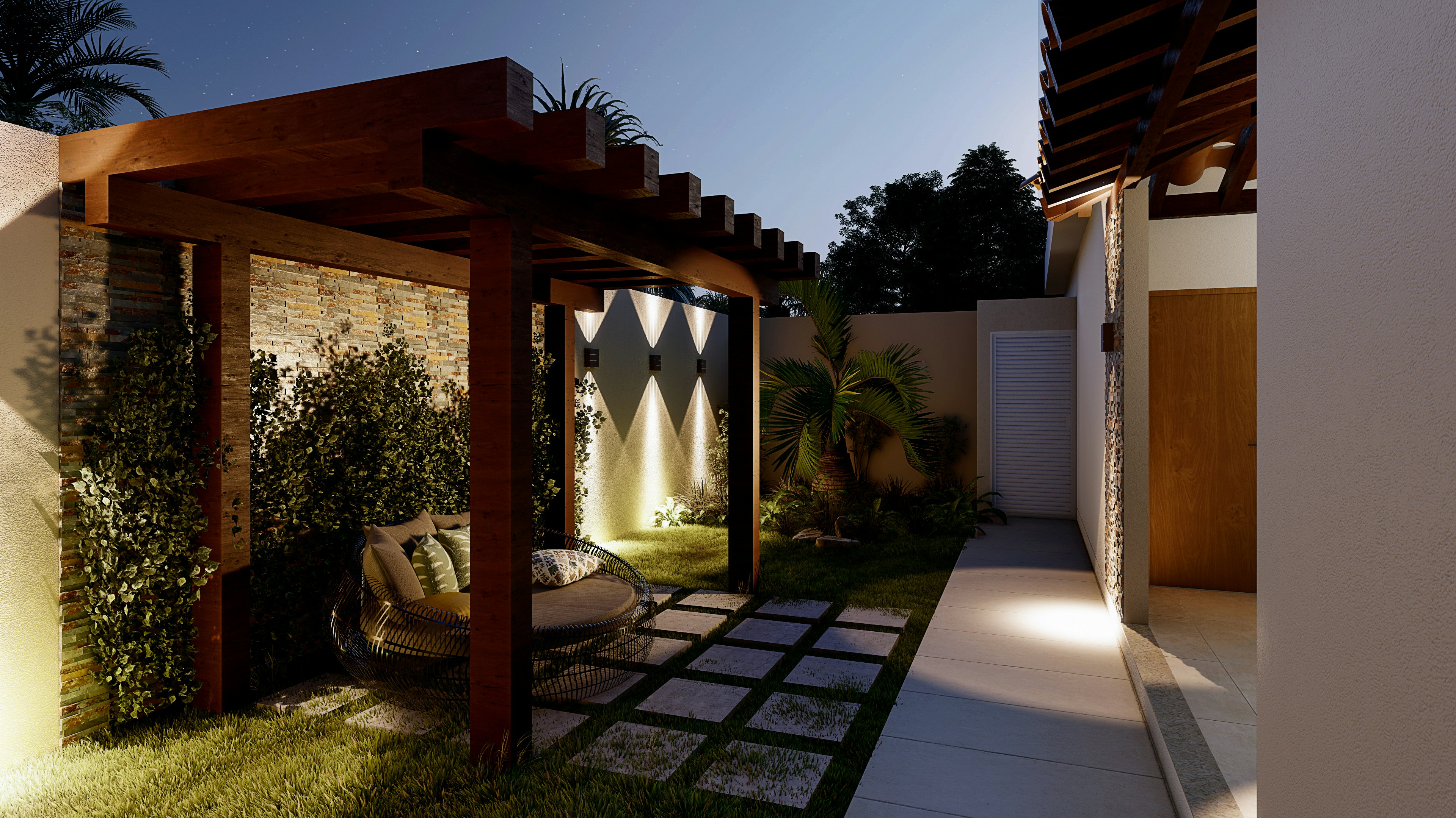 Nighttime Lumion render of a landscaped courtyard with pergola seating, wall lights, stone path, and warm exterior lighting.