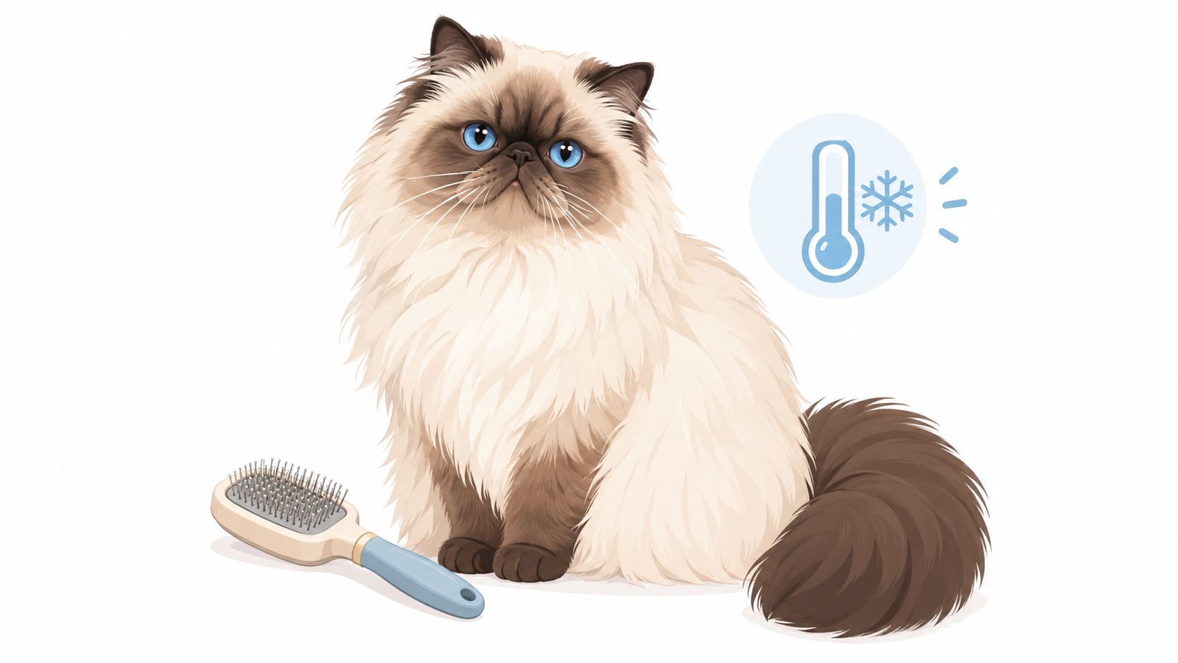 A long-haired Himalayan cat sitting next to a grooming brush with a cold temperature icon nearby.