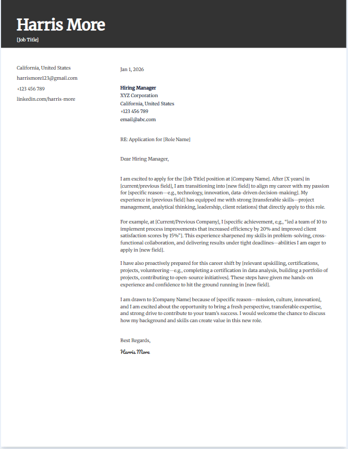 Cover letter template for career change