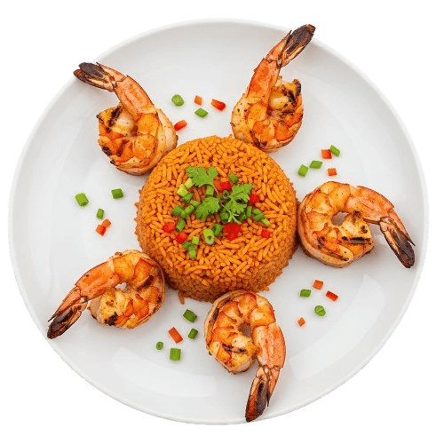 Rice with prawns served on white plate