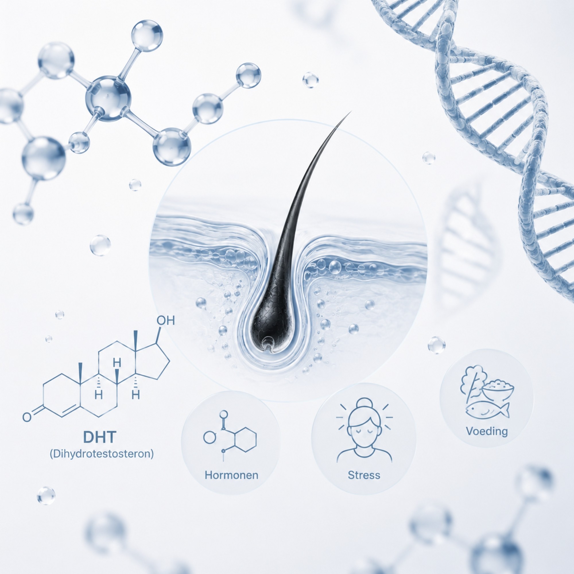 Illustratie van een haarzakje met genetische, hormonale en biologische factoren die een rol kunnen spelen bij haarverlies, waaronder DHT, erfelijkheid en andere onderliggende oorzaken.