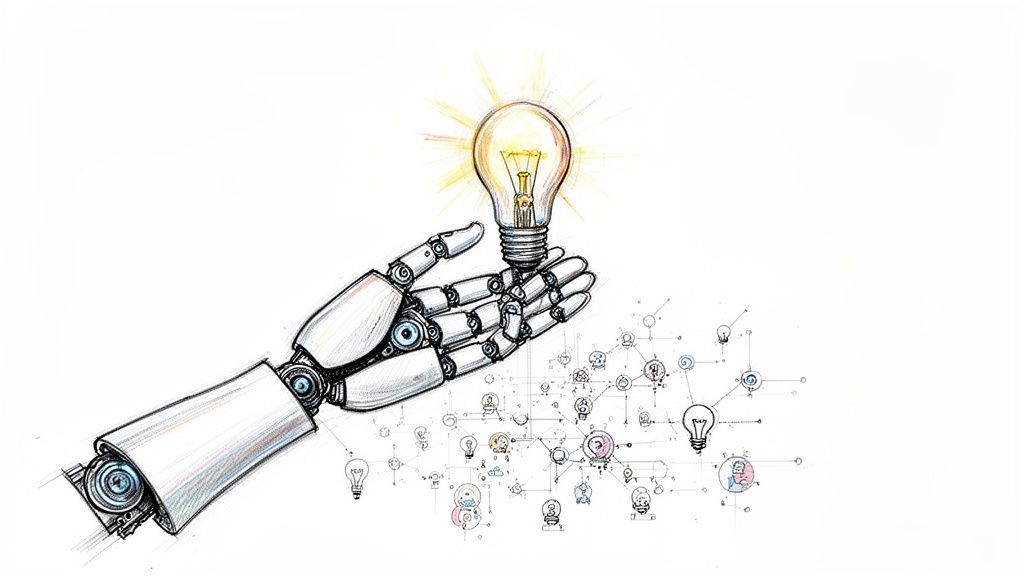A robotic arm holds a glowing light bulb, connected to a network of ideas and people.