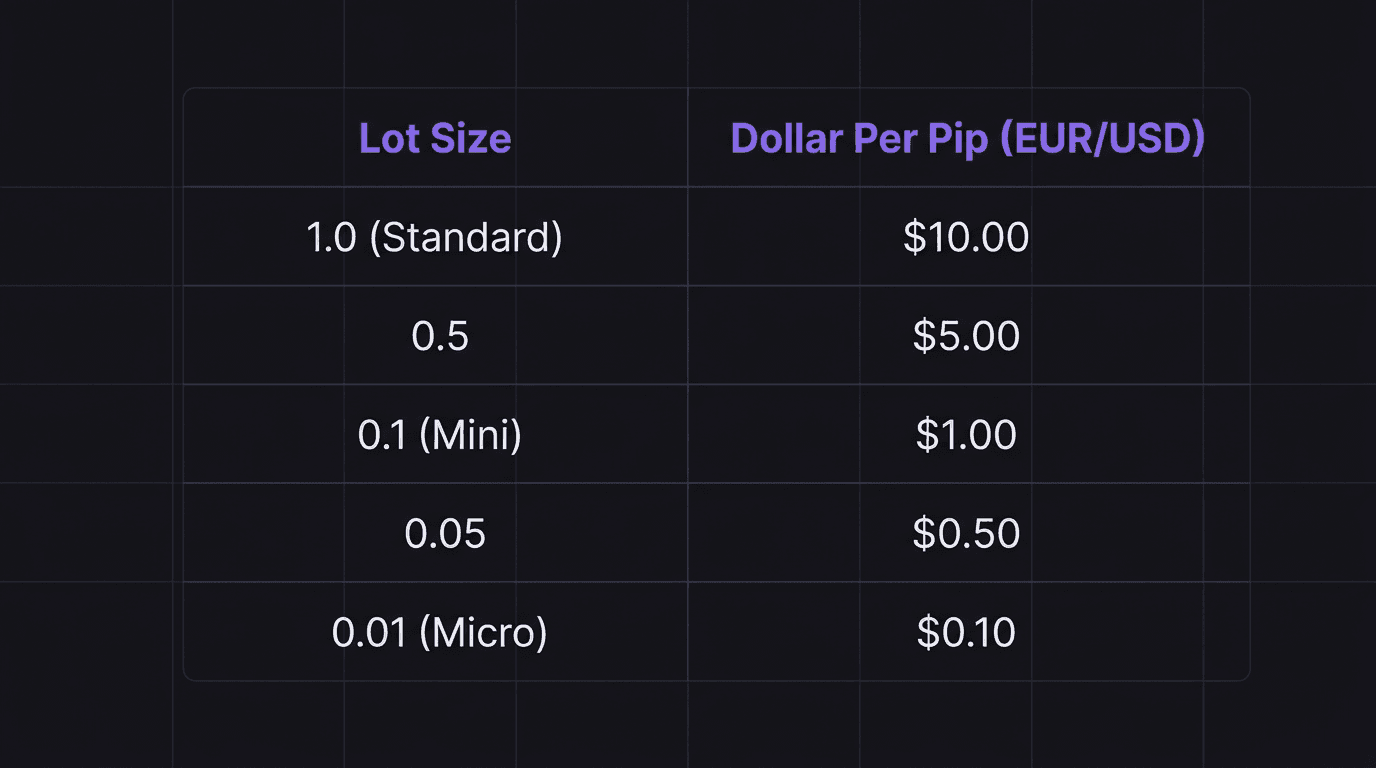 Comparison table showing lot sizes and their corresponding dollar-per-pip values for EUR/USD