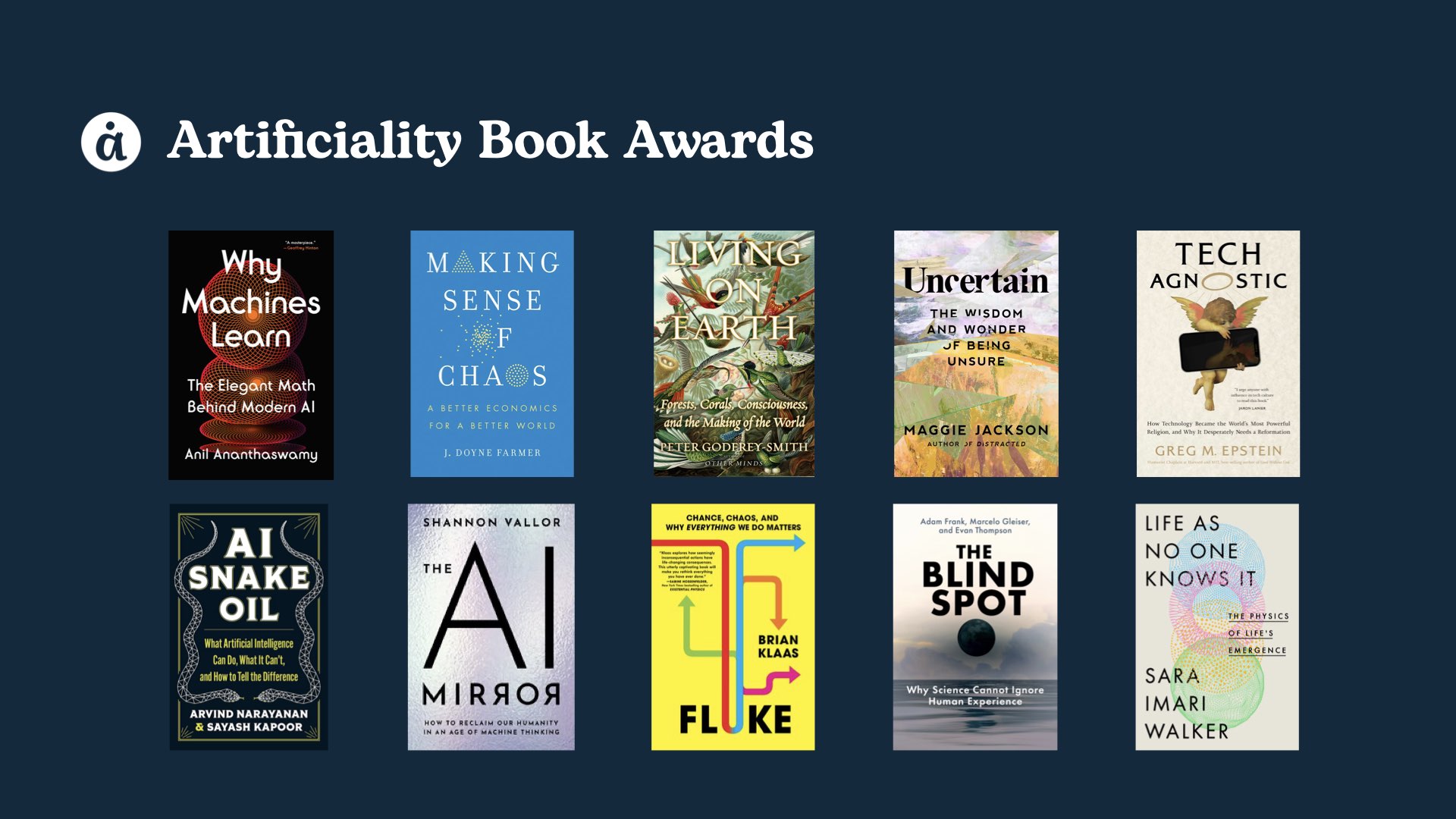 An image with book covers of the Artificiality Book awards winners