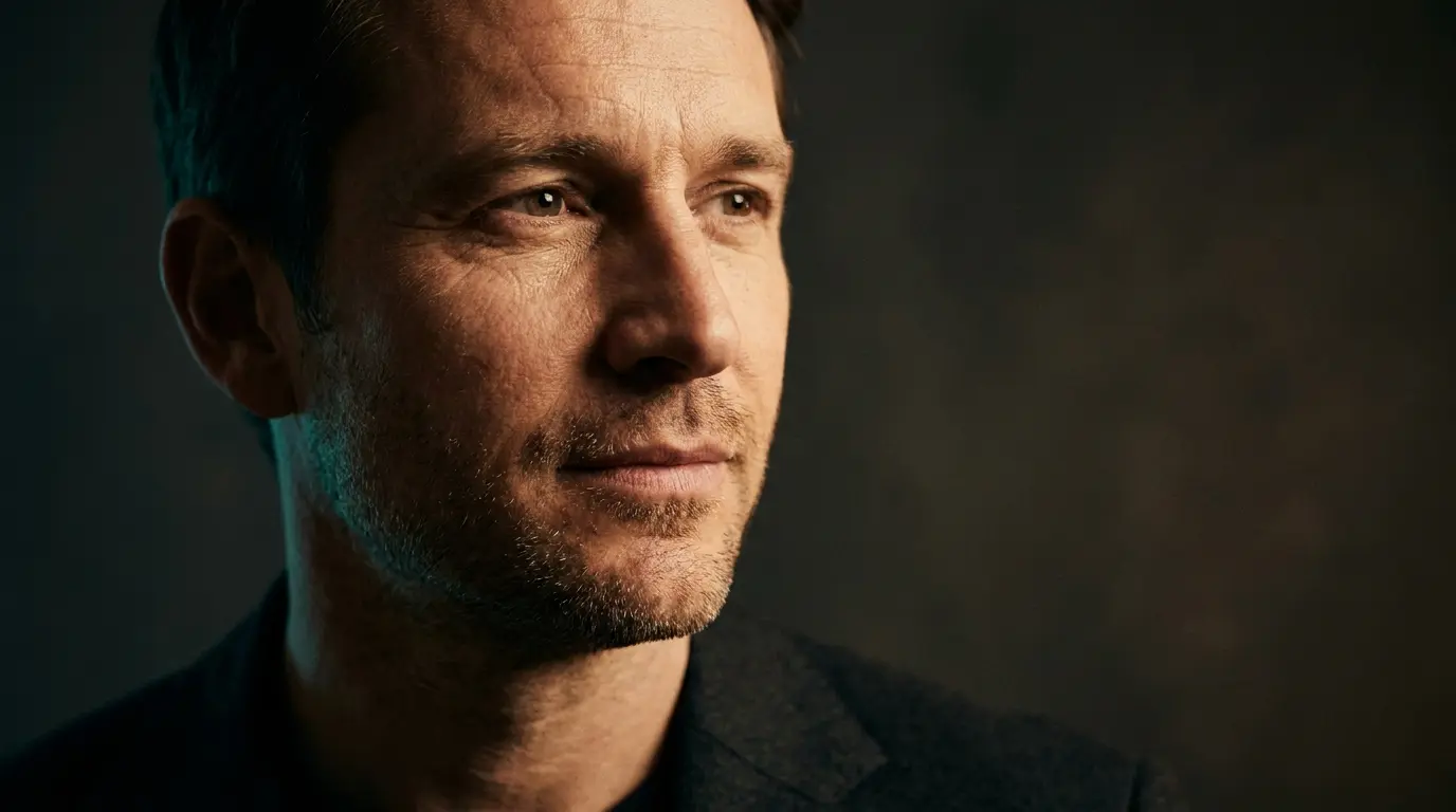 Editorial close-up of a confident man in his 40s with healthy luminous skin at a luxury Vancouver skin clinic.