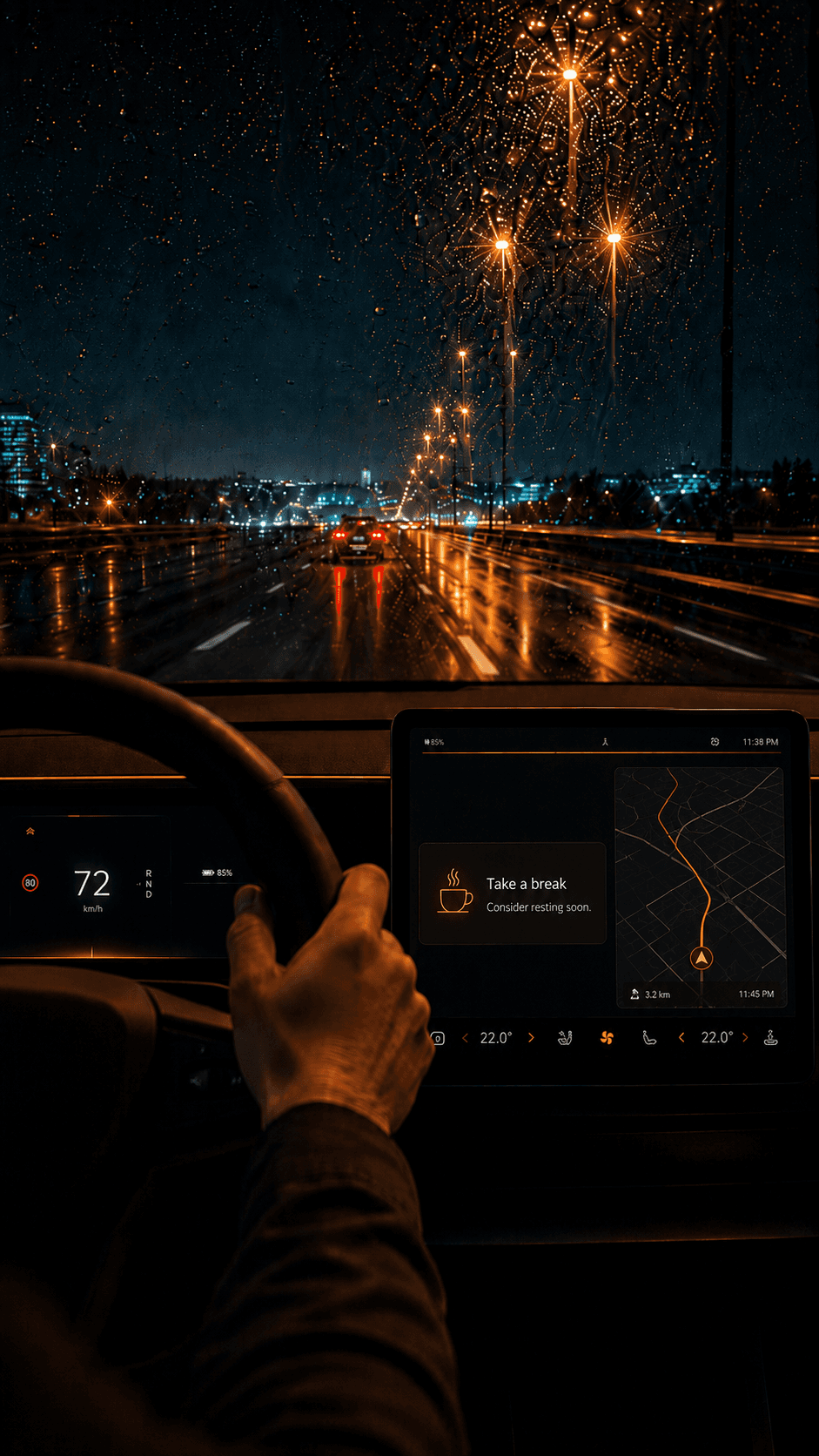 POV interior coche — aviso Take a break y ruta al rest stop