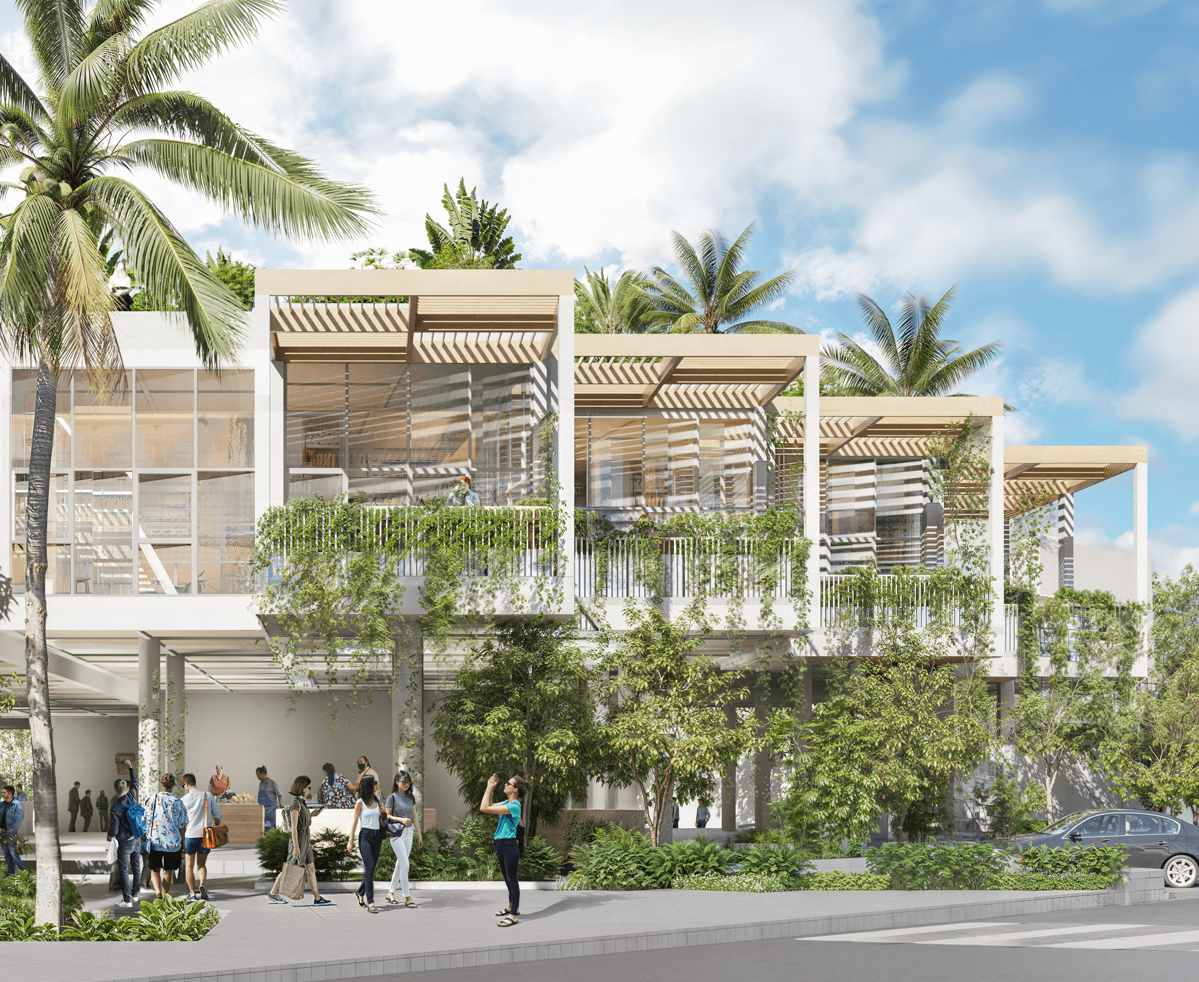 Architectural design for a local market in Mondulkiri, showcasing a modern, multi-story structure with lush hanging greenery, wooden facade details, and expansive open areas intended for showcasing artisan crafts and local produce.