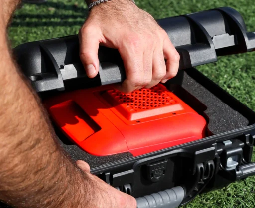 Reeplayer camera being securely stored in a protective case, ready for transport and setup at the next game