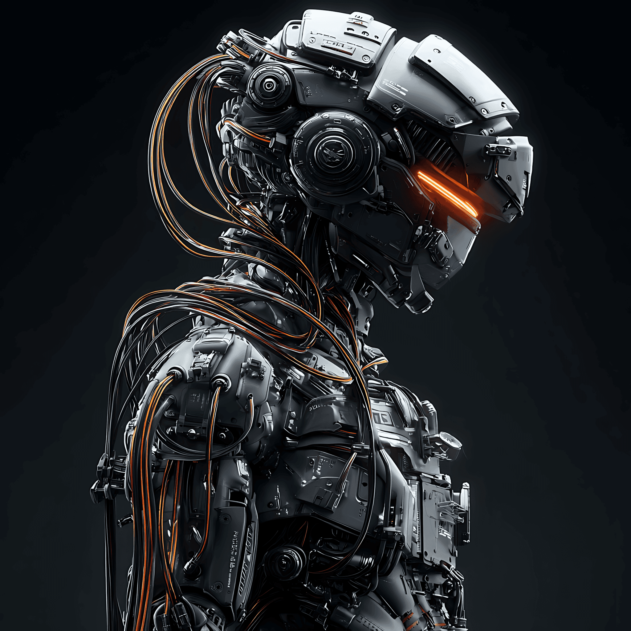 A profile view of a sci-fi robot with a glowing orange visor and visible cables and wires running around its helmet