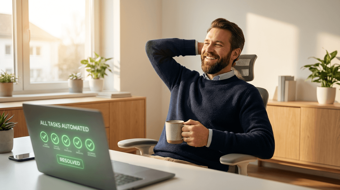 A successful Muslim business owner smiling with relief as his custom Halal AI agent automatically manages customer service inquiries and drives overnight sales.