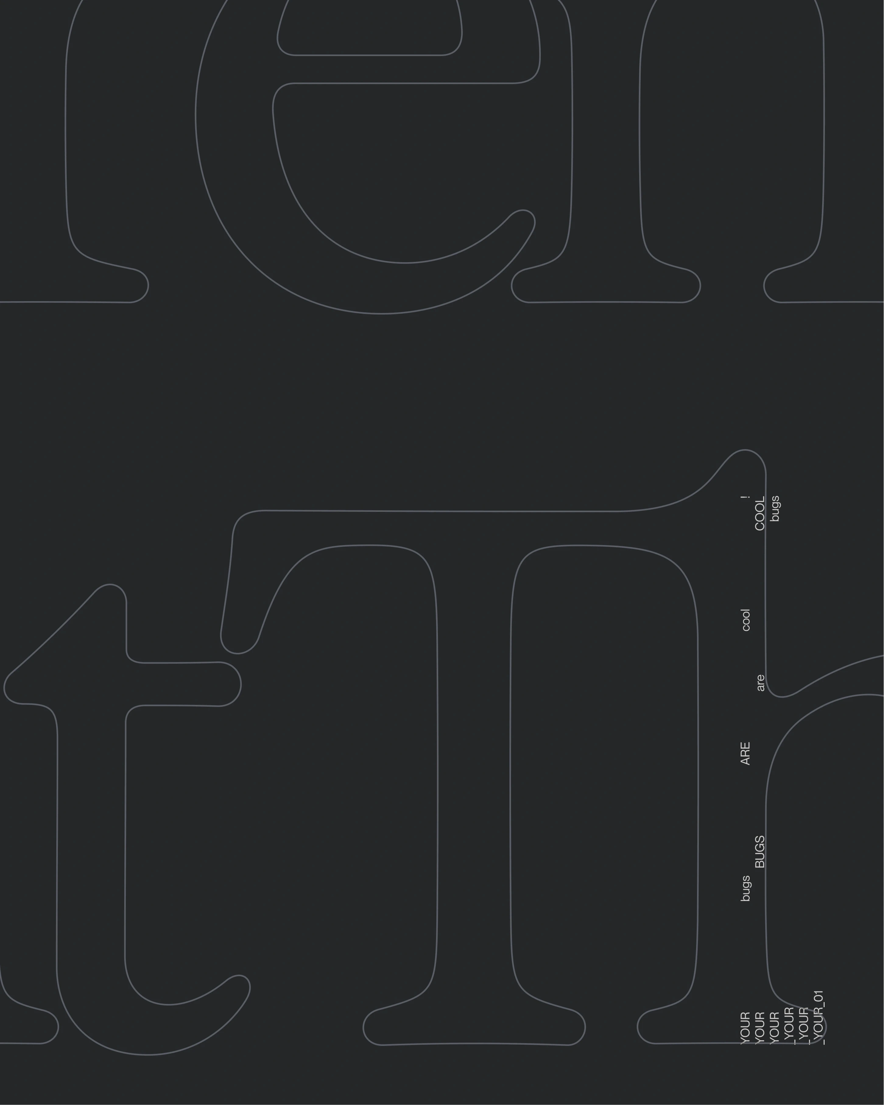 Outlined serif letterforms on a dark grey background with small vertical text