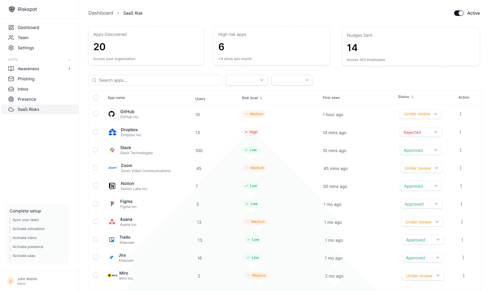 Riskspot Cyber Companion - Ananse Introduction. The image features a 3D character, Ananse, your cyber companion, with messages: 'Good morning! I am Ananse, your cyber companion,' 'My mission: to help your team stay secure,' 'Today's mission: Unmasking Phishing,' and 'Secure employees = Secure company.' Designed to engage users in cybersecurity awareness and training.