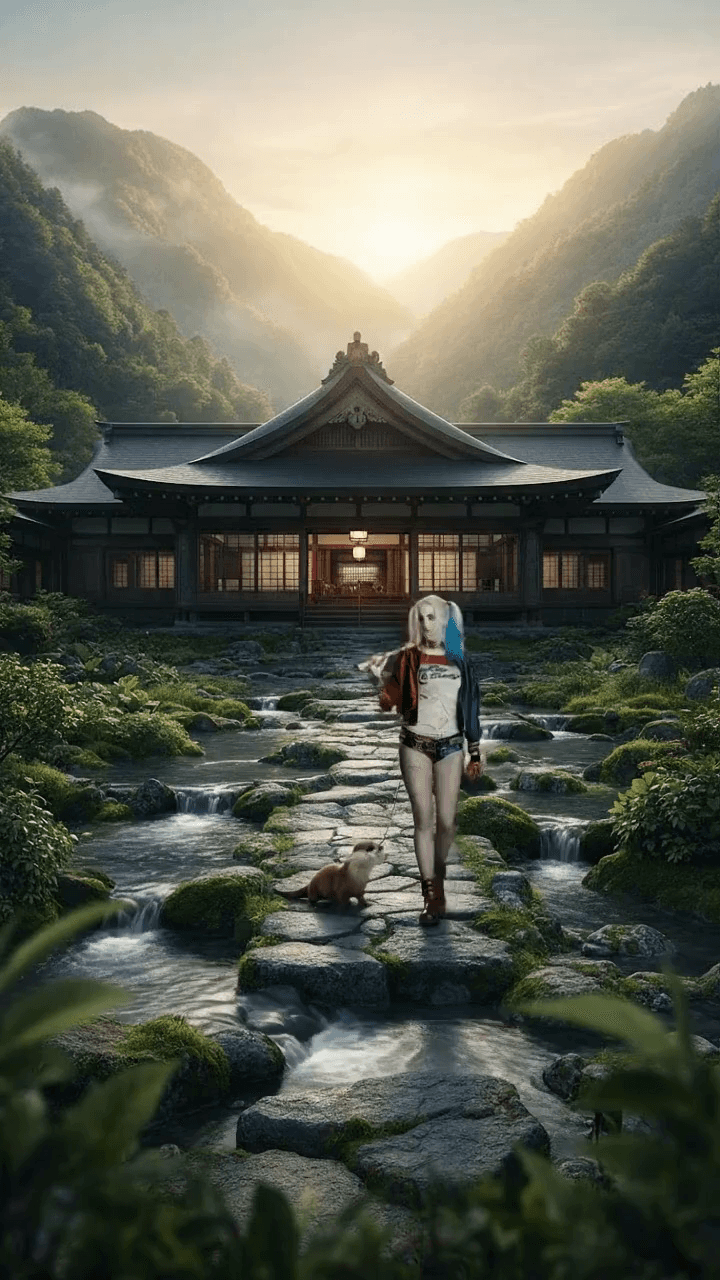 Harley Quinn Checks Into the Cutest Ryok - Creative story AI video template for TikTok and Instagram Reels