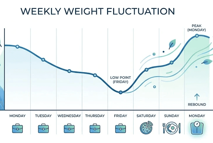 A line graph titled 'WEEKLY WEIGHT FLUCTUATION' showing a downward trend from Monday to a 'LOW POINT (FRIDAY)', followed by a sharp increase over the weekend to a 'PEAK (MONDAY)' labeled as a 'REBOUND'. The chart uses a blue and green gradient with decorative leaves and includes icons below the days of the week, including briefcases for weekdays, a pizza and breakfast for the weekend, and a weight scale on the final Monday.