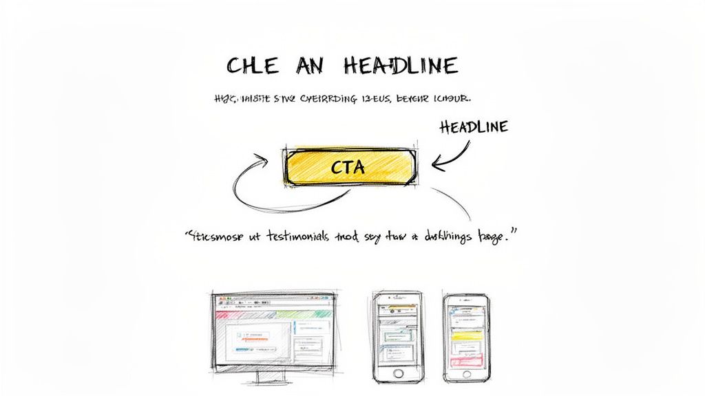 Hand-drawn sketch illustrating key website conversion elements: headline, CTA button, and responsive design for various devices.