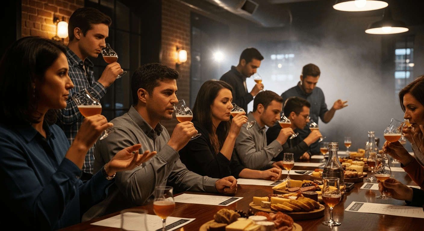 gathering of people seated at table participating in beer tasting with plates of charcuterie and a guide leading the activity