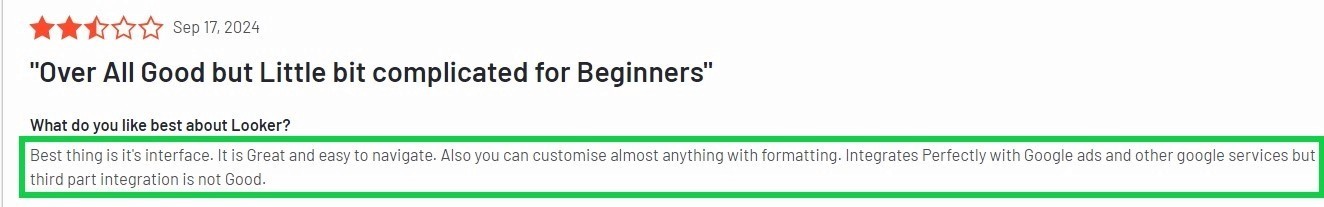 Looker user review highlighting ease of use, customization options, and integration with Google services
