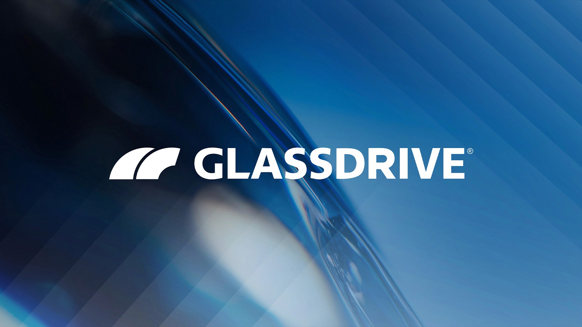 White Glassdrive logo over a deep blue automotive glass texture background