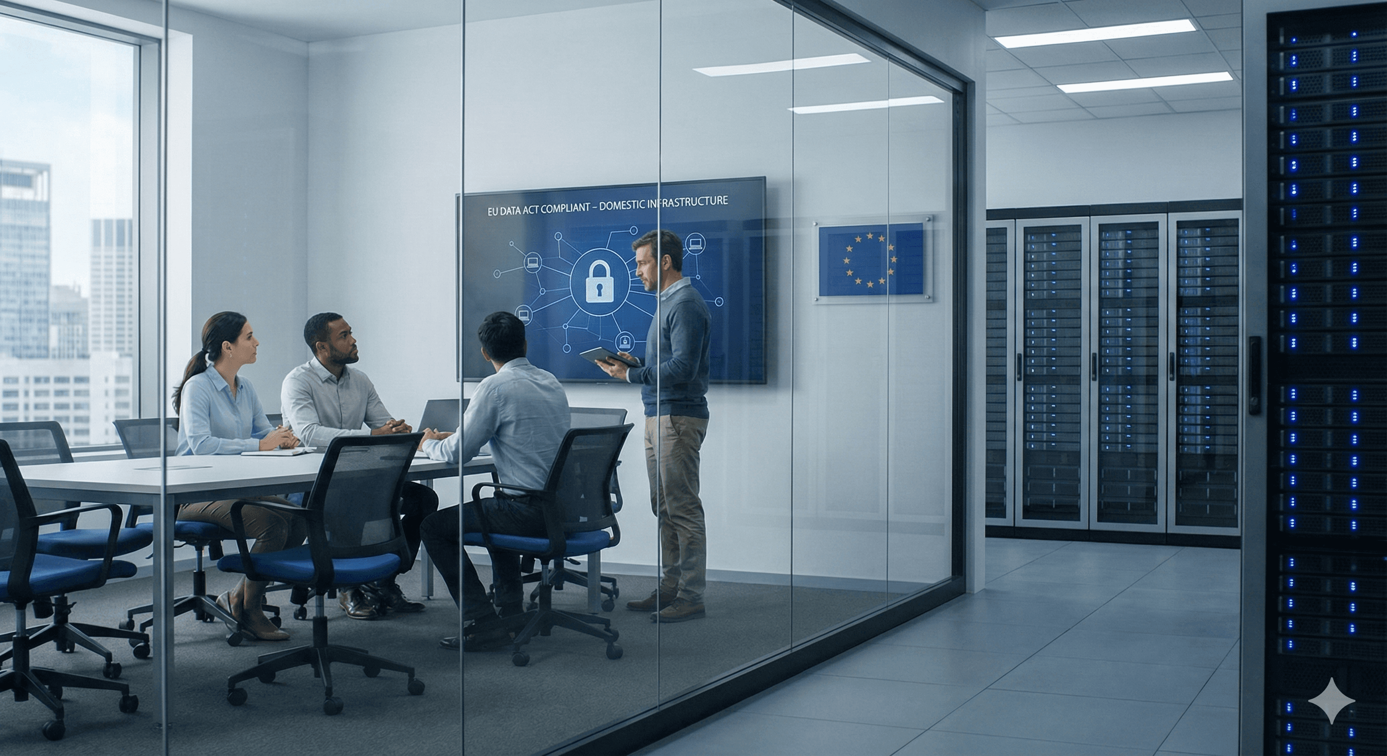 A group of people in a modern conference room with glass walls are engaged in a meeting focused on digital security, as a presenter points to a large screen displaying a padlock icon, symbolizing "Sovereign AI", with a server room visible in the background.