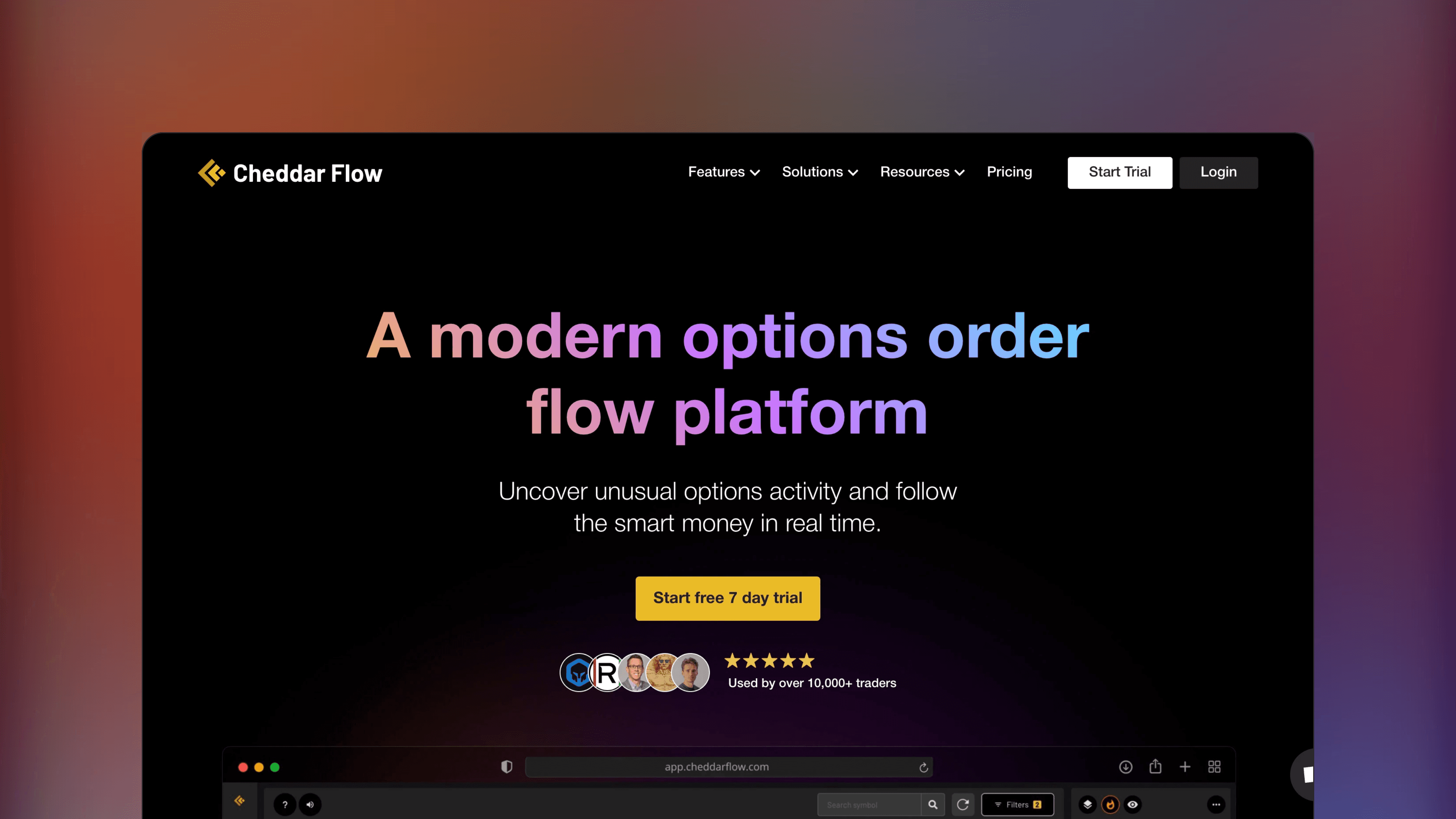 Website preview of Cheddar Flow, trade analytics orderflow platform displaying unusual options activity and dark pool data.
