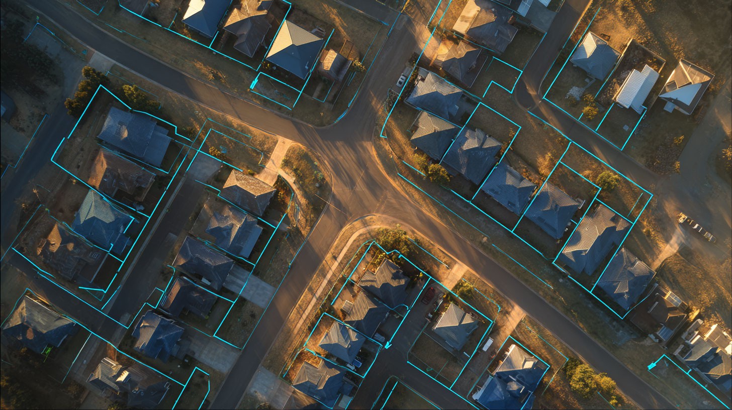 Aerial view of a residential area with bright blue grid lines mapping the space.