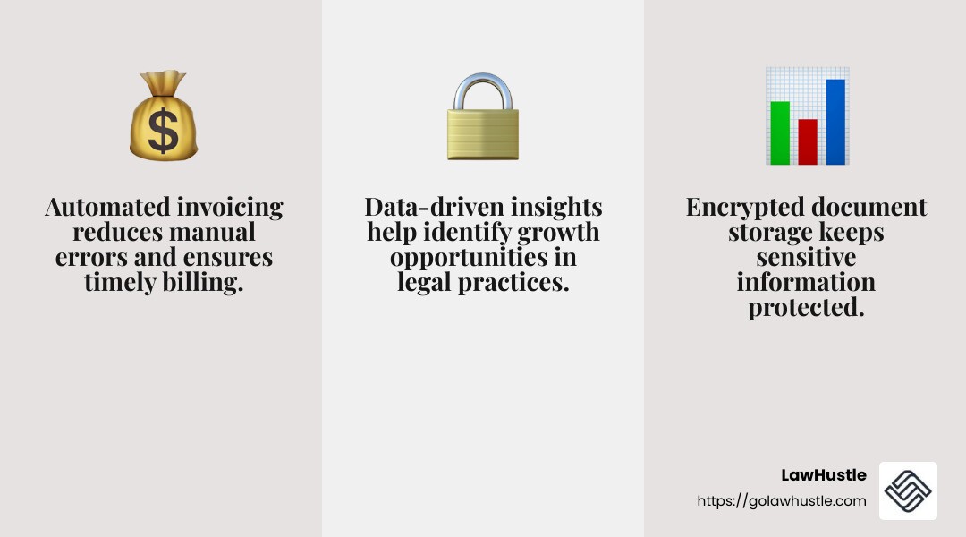 LawHustle's innovative solutions improve legal practice growth through comprehensive case management, streamlined billing, secure document management, and data-driven insights. - Legal practice growth software infographic 3_facts_emoji_grey