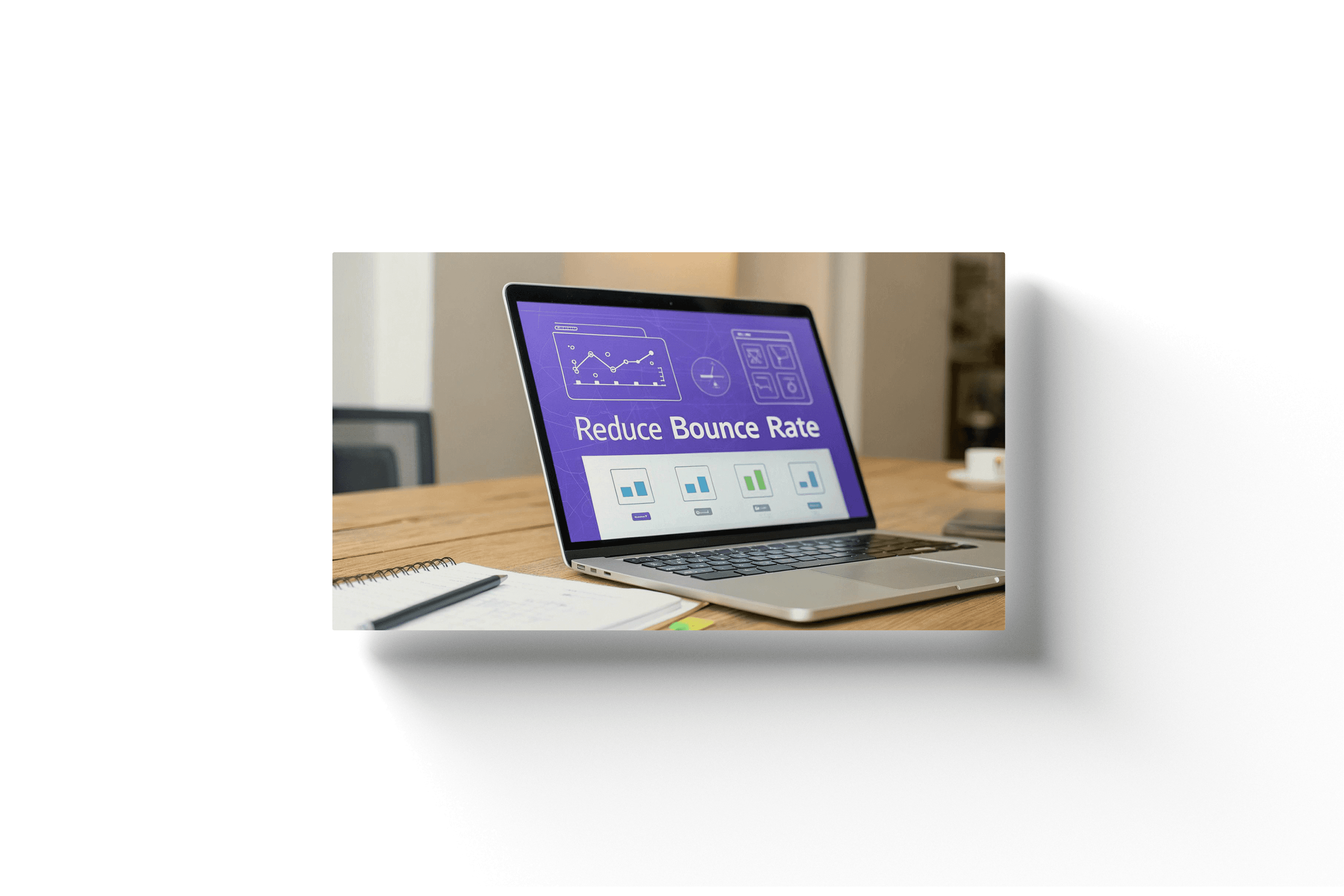 a laptop with a purple screen showing the text 'reduce bounce rates'