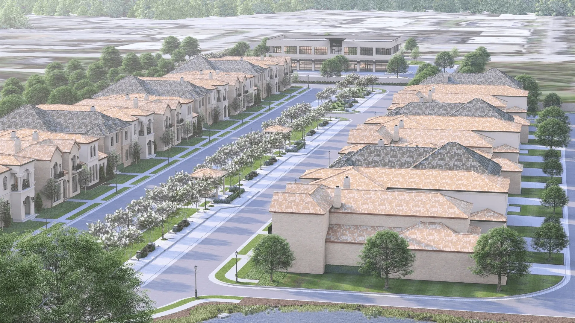 Residential streetscape featuring continuous planting strips, shade trees, and pedestrian-friendly sidewalks