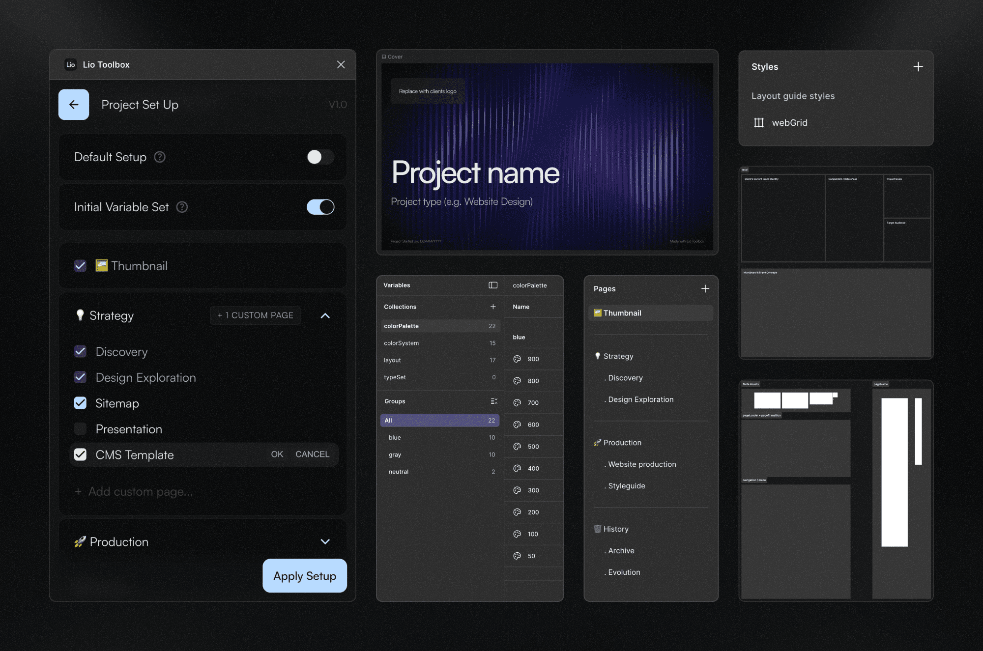 Lio Toolbox project setup panel showing initial configuration options, pages, and variable collections.