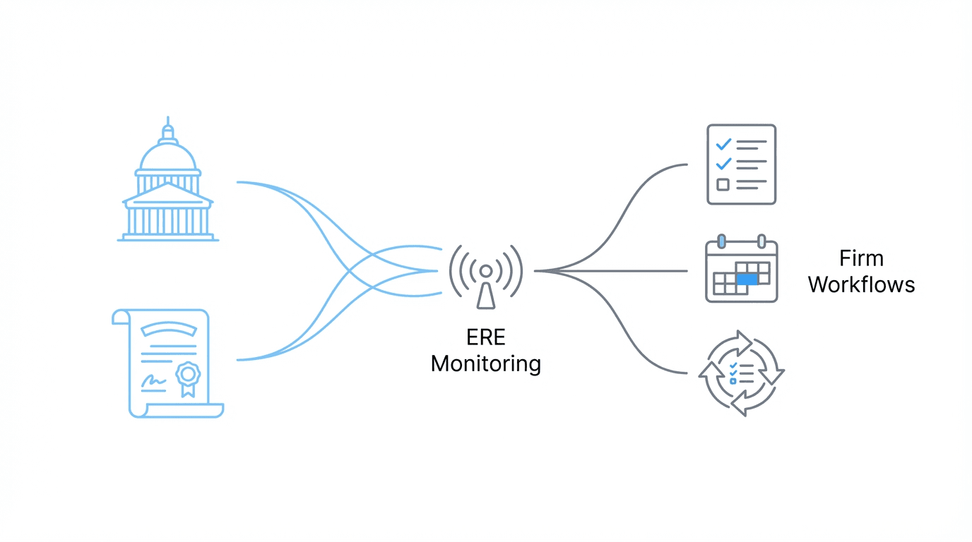 Diagram contrasting ERE monitoring of SSA activity with internal case management workflows