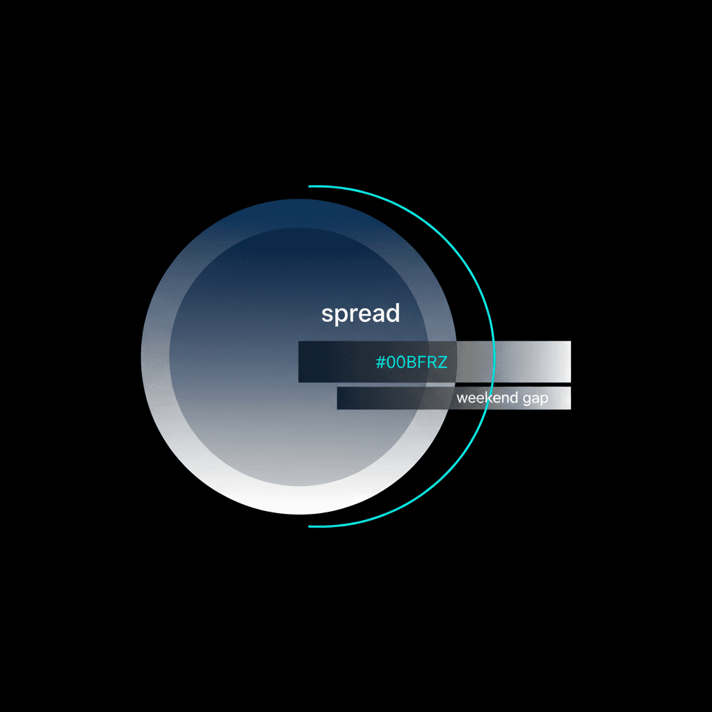 Shapes and gradients overlapping to illustrate spreads, swap costs, and weekend gaps interlocking in forex market.
