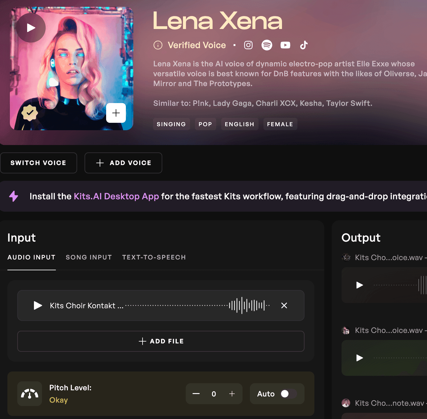 The Lena Xena voice model on Kits AI. The pitch range is Okay.