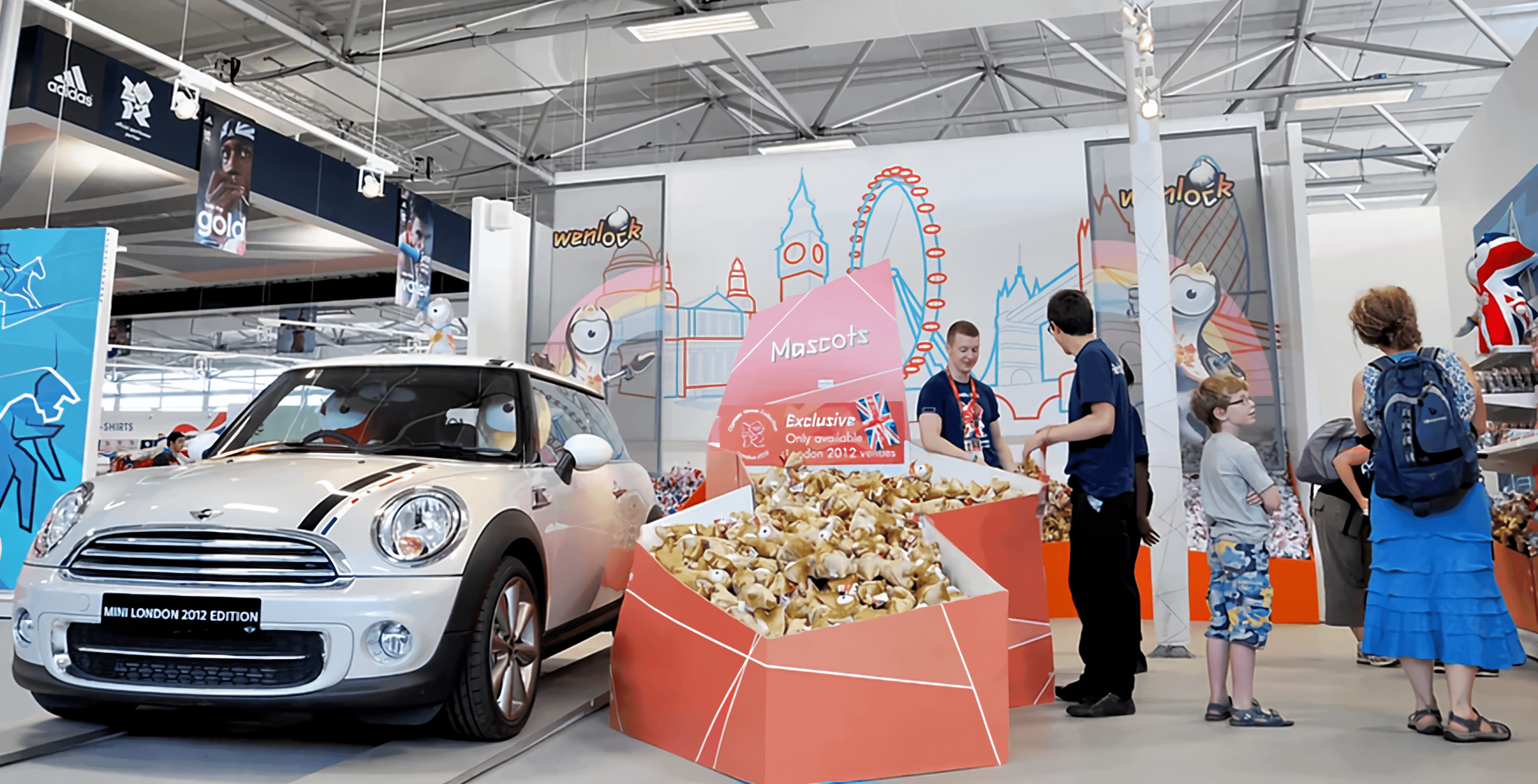Olympic merchandise retail display with mascot bins, branded shopfitting and display shelving