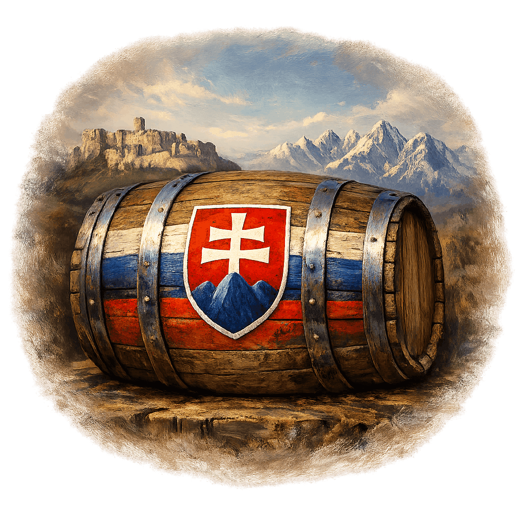 Wine barrel featuring the Slovakia national emblem for regional wine education.