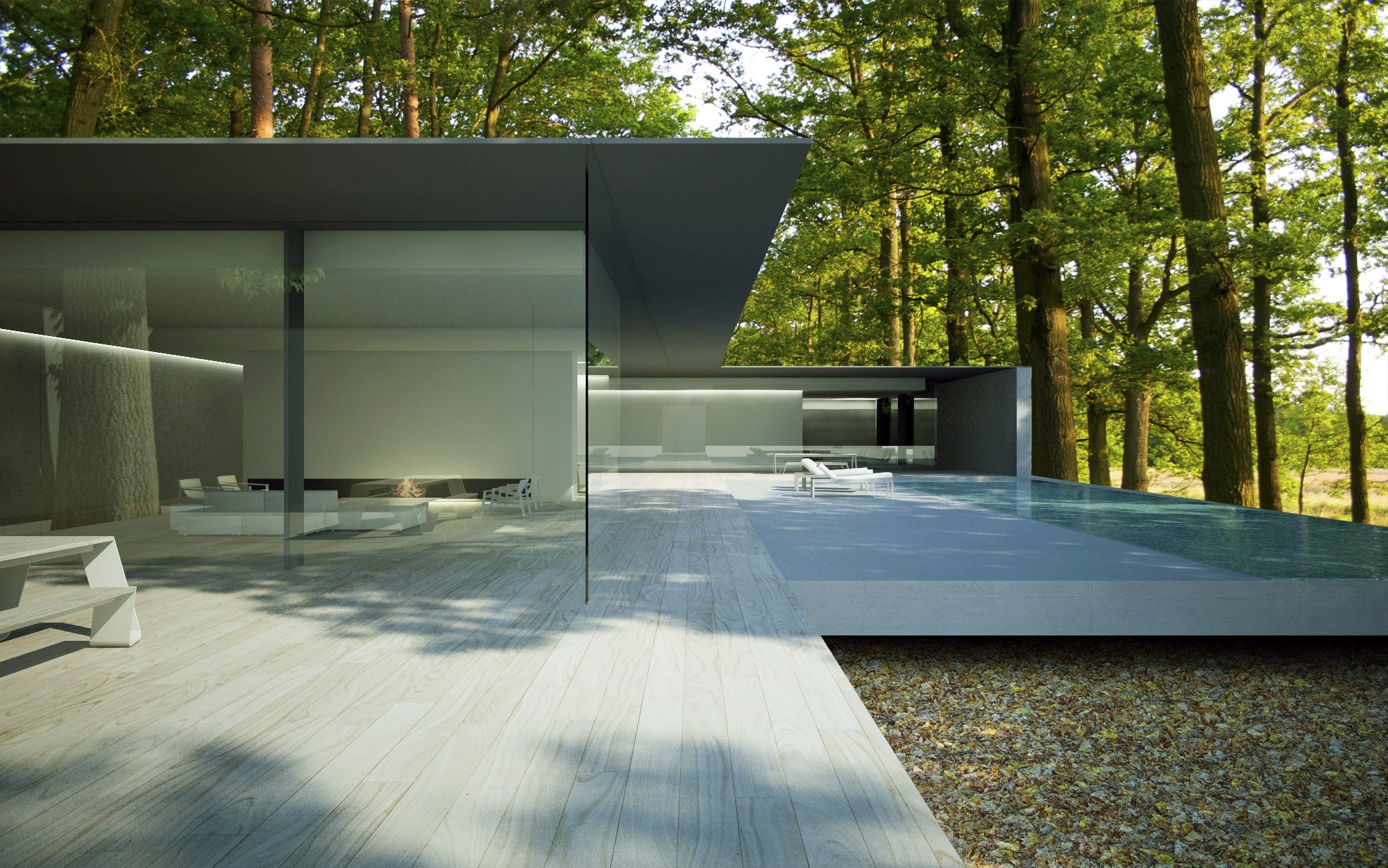 Rox House by IMaestri Group: Exterior view showing a glass box volume and deck with pool, illustrating the concept's refined components.