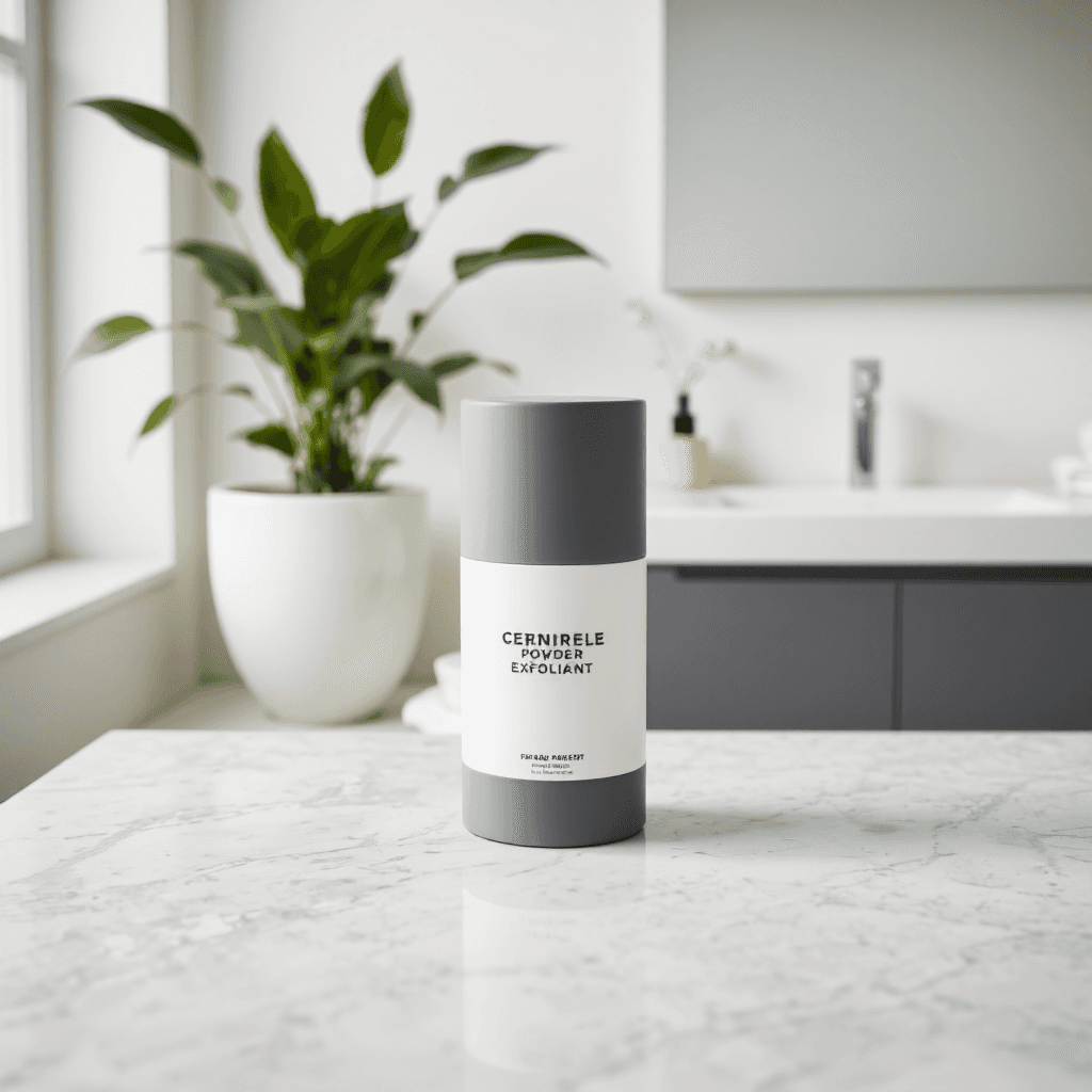 product photography of a bottle of powder exfoliant for skin brightening