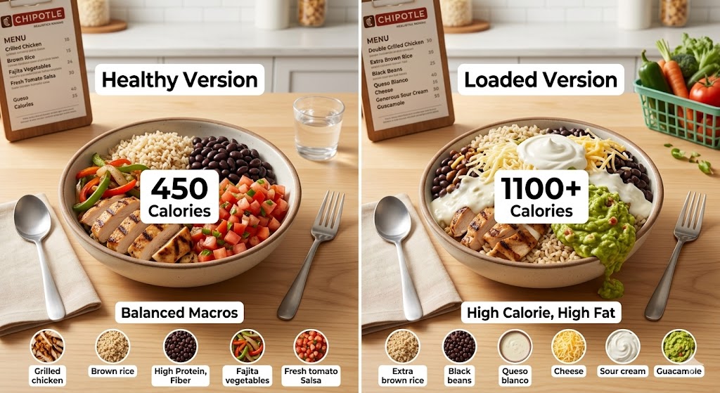 A split-screen comparison infographic showing two Chipotle-style chicken bowls on a wooden table. The left image is a "Healthy Version" containing grilled chicken, brown rice, black beans, and salsa, labeled with "450 Calories." The right image is a "Loaded Version" containing the same ingredients plus queso blanco, cheese, sour cream, and guacamole, labeled with "1100+ Calories." Both images feature ingredient icons and text at the bottom and menu boards in the background.