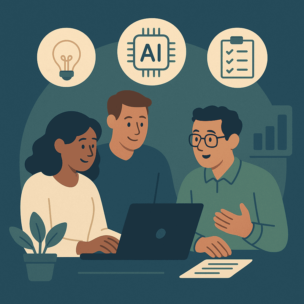 Illustration of nonprofit staff collaborating at a laptop with abstract AI icons and data visuals.