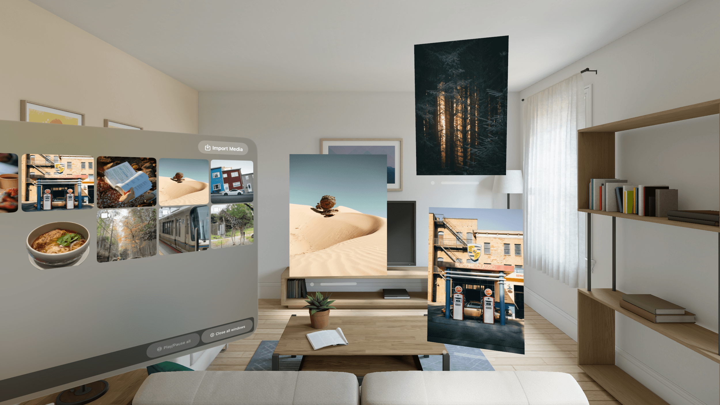 Virtual reality interface in a living room with floating images of various scenes, including a forest, sand dune, city building, and more, displayed above a coffee table and shelves.