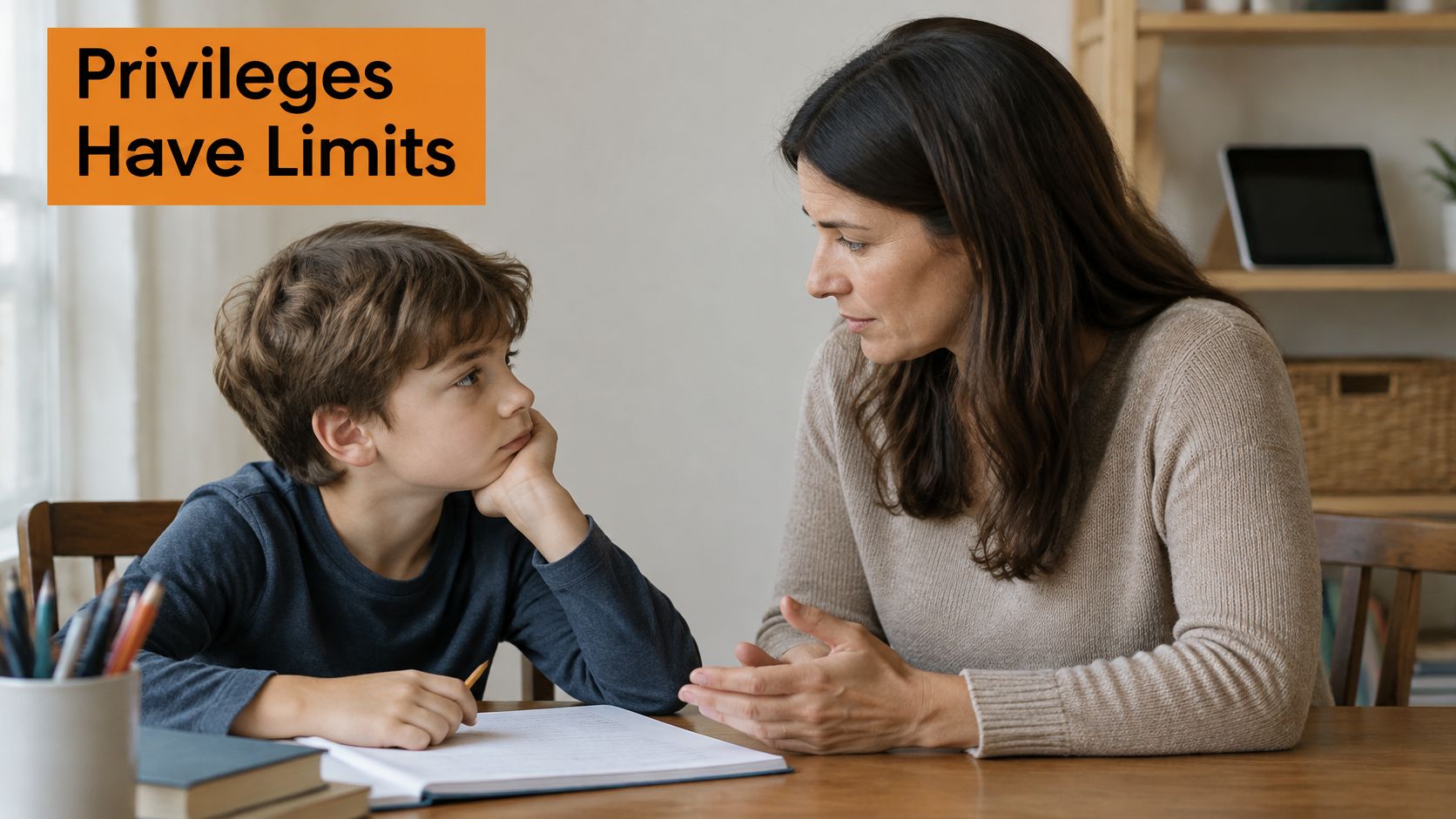 A mother sitting with her young son at a table, engaging in a serious, instructional conversation.